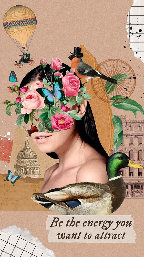 Surreal woman collage template, floral aesthetic design vector