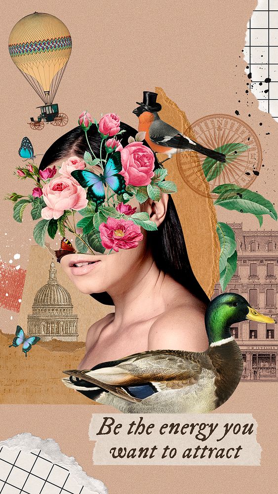 Surreal woman collage template, floral aesthetic design psd