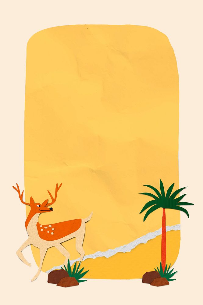 Paper craft deer border frame, yellow background vector