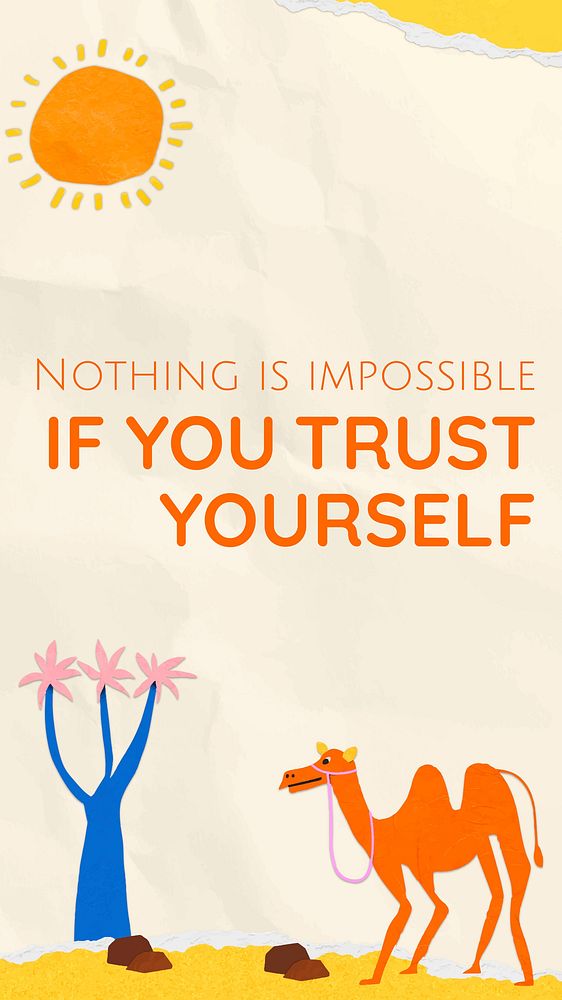 Facebook story template, paper craft camel with motivational quote vector