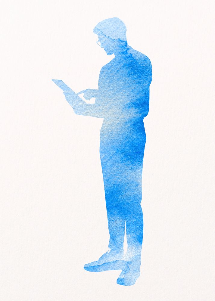 Aesthetic businessman silhouette clipart, using tablet, career concept watercolor psd