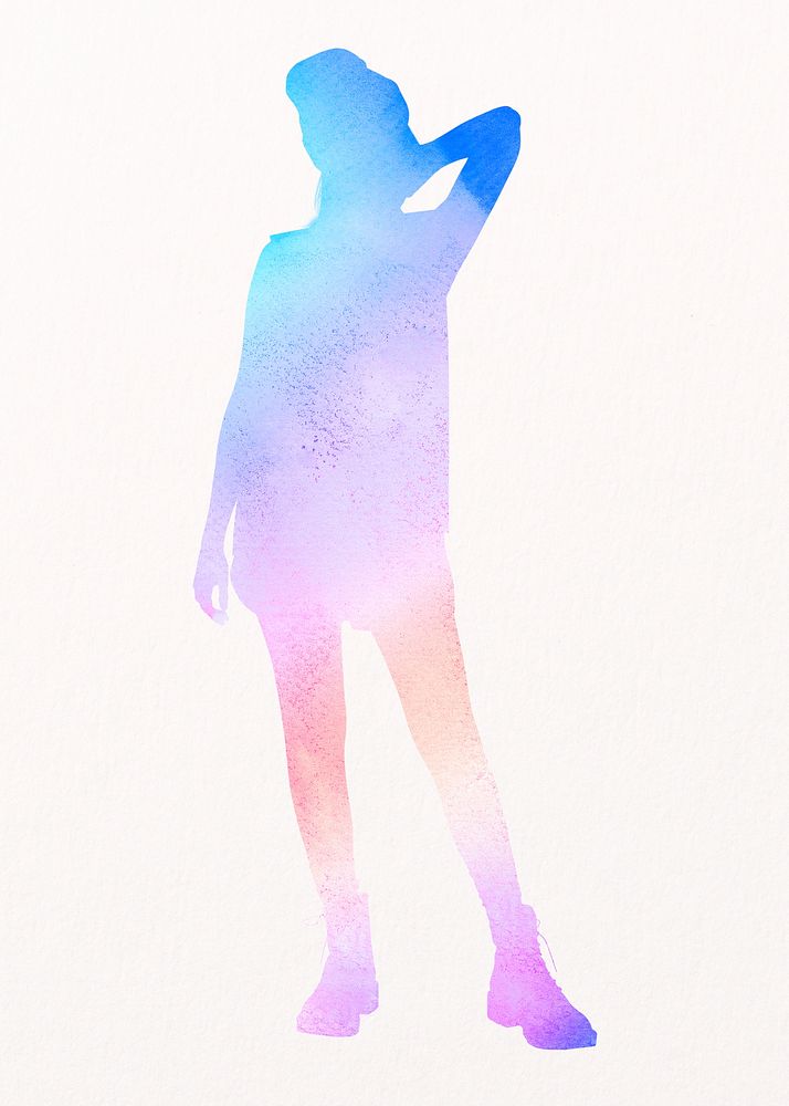 Aesthetic woman silhouette clipart, fashion pose watercolor psd