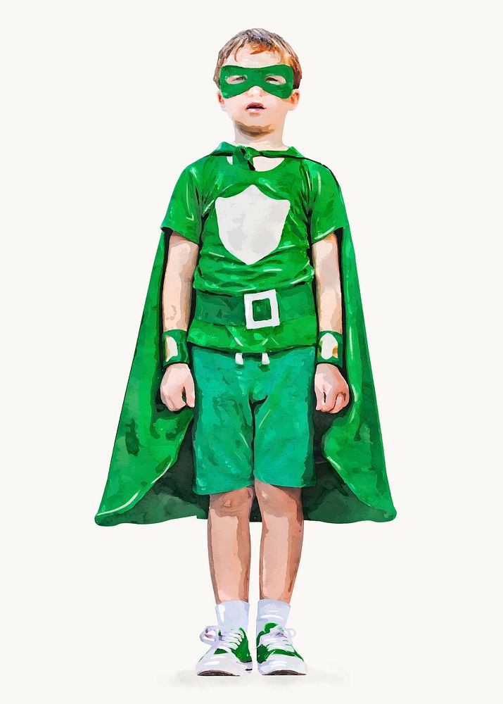 Superhero boy clipart, watercolor, children's aspiration concept vector
