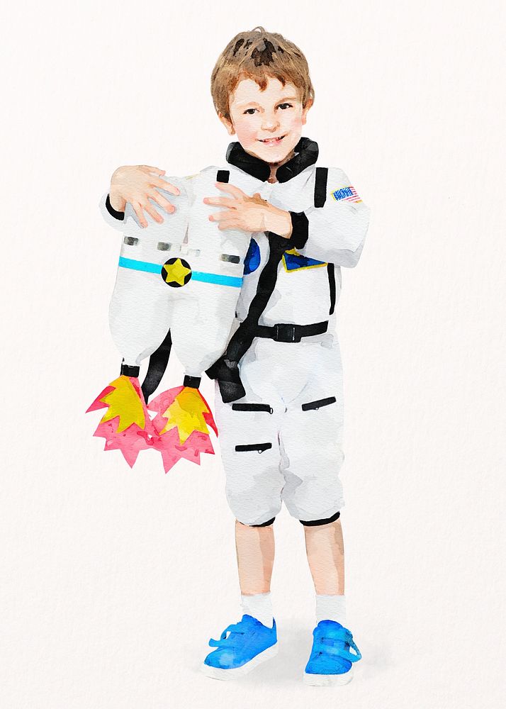 Little astronaut boy clipart, dream job, watercolor illustration psd
