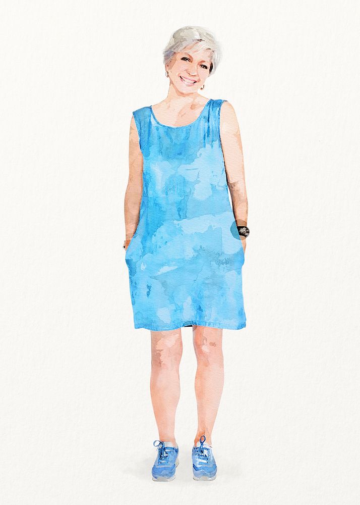 Senior woman, wearing blue dress, watercolor illustration