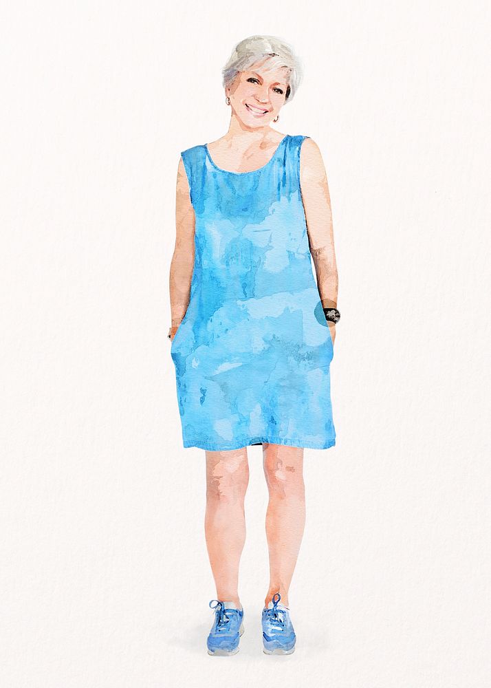 Senior woman, wearing blue dress, watercolor illustration psd