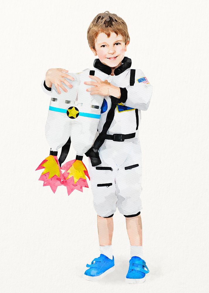Little astronaut boy watercolor illustration, dream job