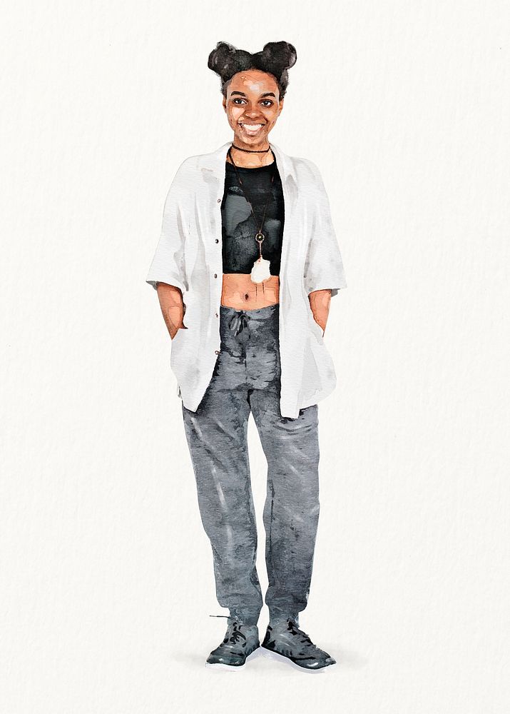 Young black woman, streetwear fashion, full body