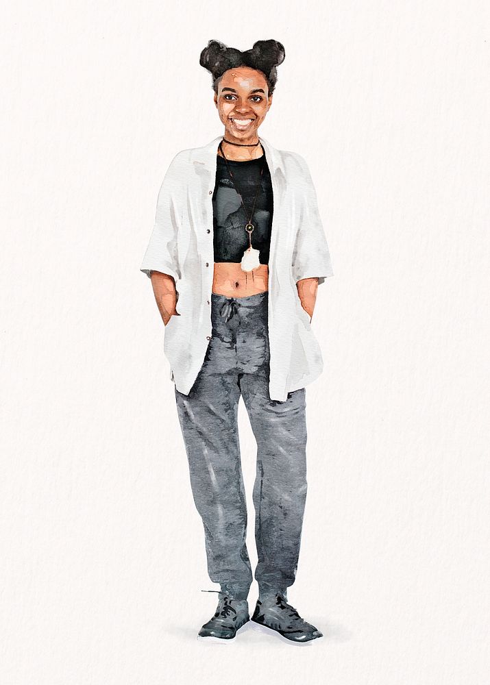 Young black woman clipart, streetwear fashion, full body psd