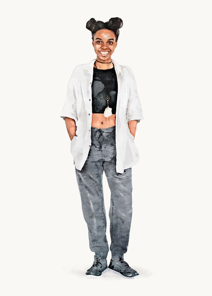 Young black woman clipart, streetwear fashion, full body vector
