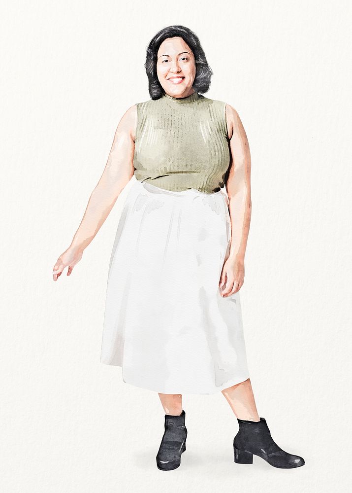 Cheerful woman watercolor illustration, plus size fashion