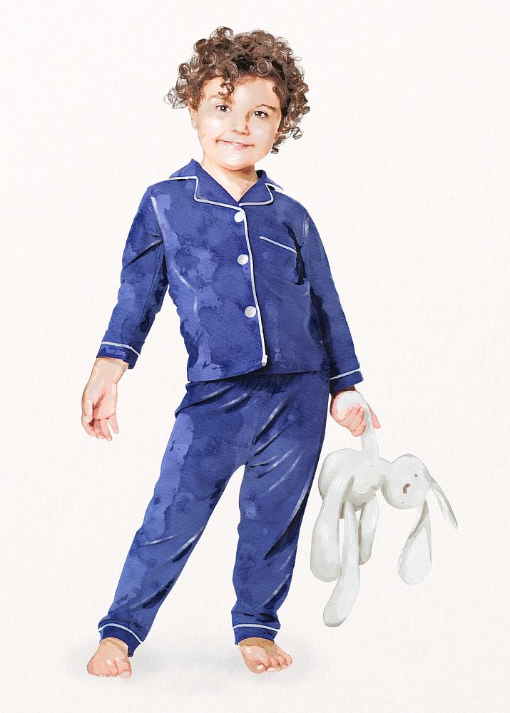 Boy in pajamas clipart, watercolor kids illustration vector