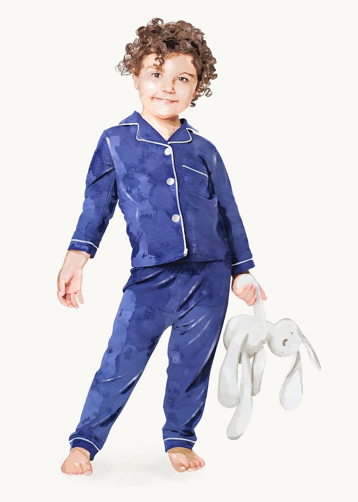 Boy in pajamas clipart, watercolor kids illustration vector