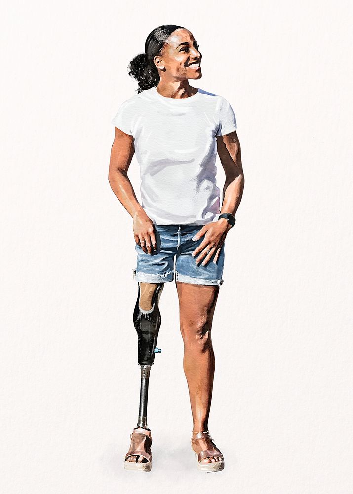 African-American amputee woman cut out, prosthetic leg, watercolor illustration psd