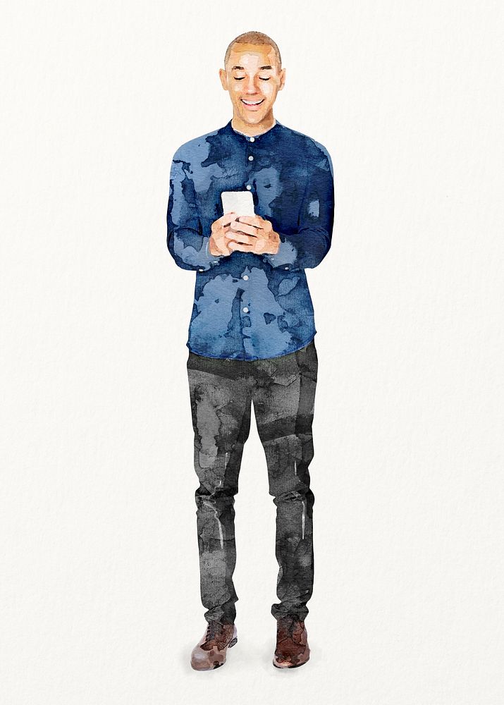 Man texting cut out, watercolor illustration