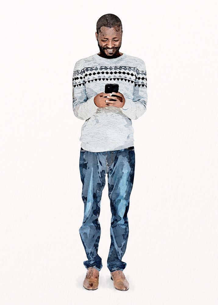 Black man texting cut out, watercolor illustration psd