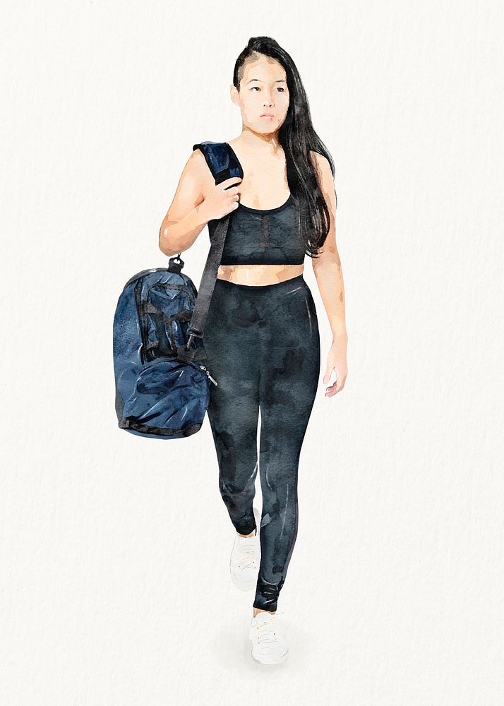 Fitness girl with bag watercolor illustration