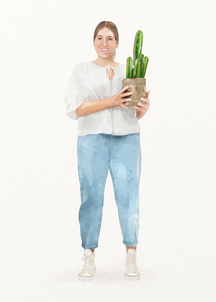Watercolor woman holding cactus illustration, plant lover concept