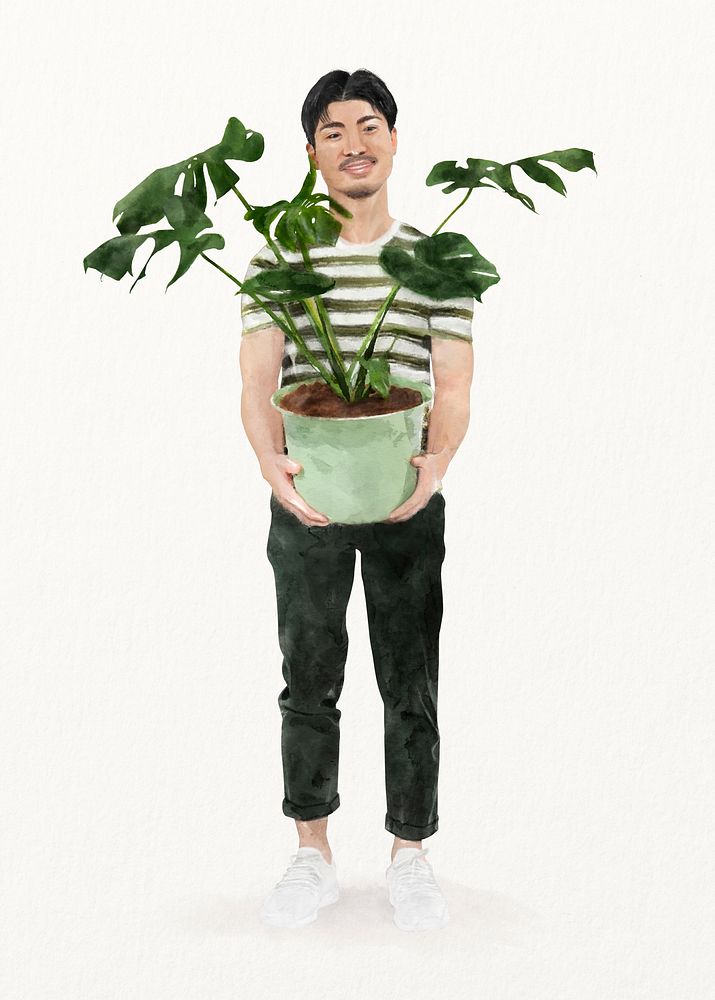 Asian man holding monstera plant, watercolor illustration 