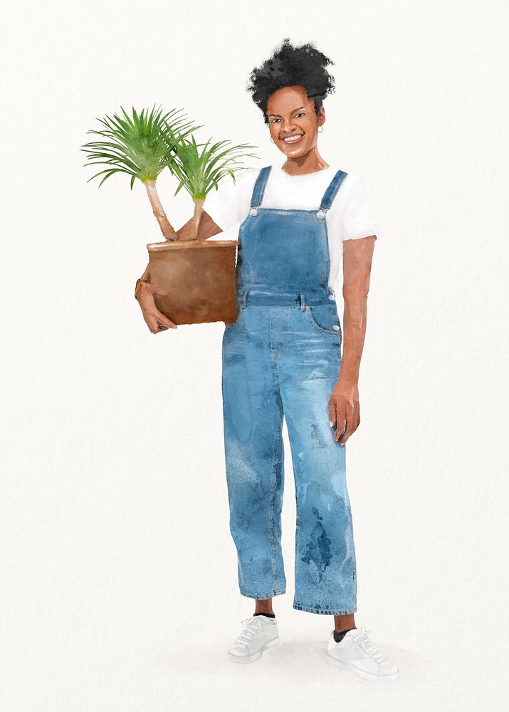 Woman plant stylist, watercolor illustration with Sago Palm 