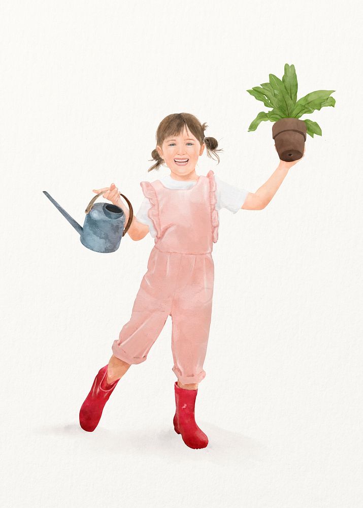 Girl holding watering can, plant pot, watercolor illustration