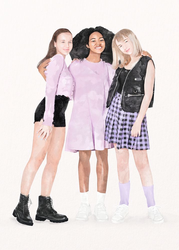 Trendy teenage girls, watercolor, fashion illustration psd
