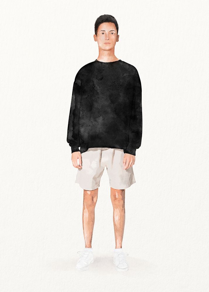 Teenage boy wearing sweater, watercolor illustration