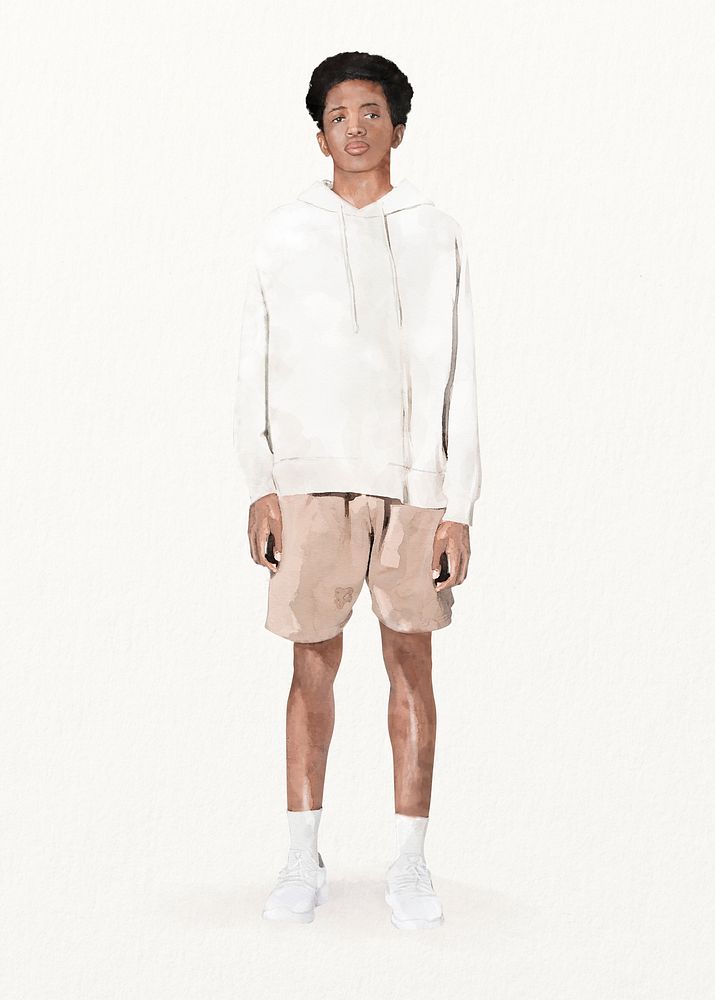 Teenage boy wearing hoodie, watercolor illustration