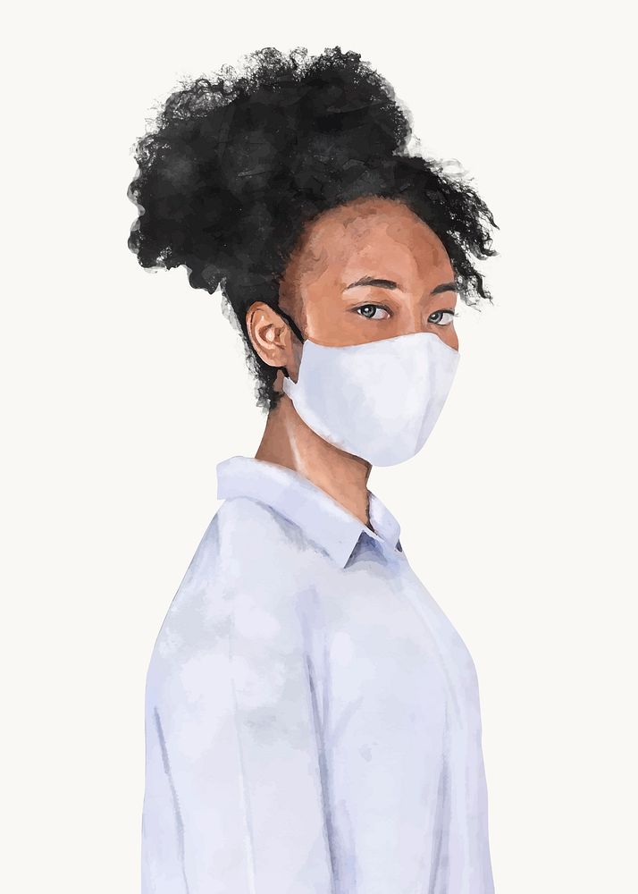 African-American girl wearing mask, Covid-19 protection, watercolor illustration vector