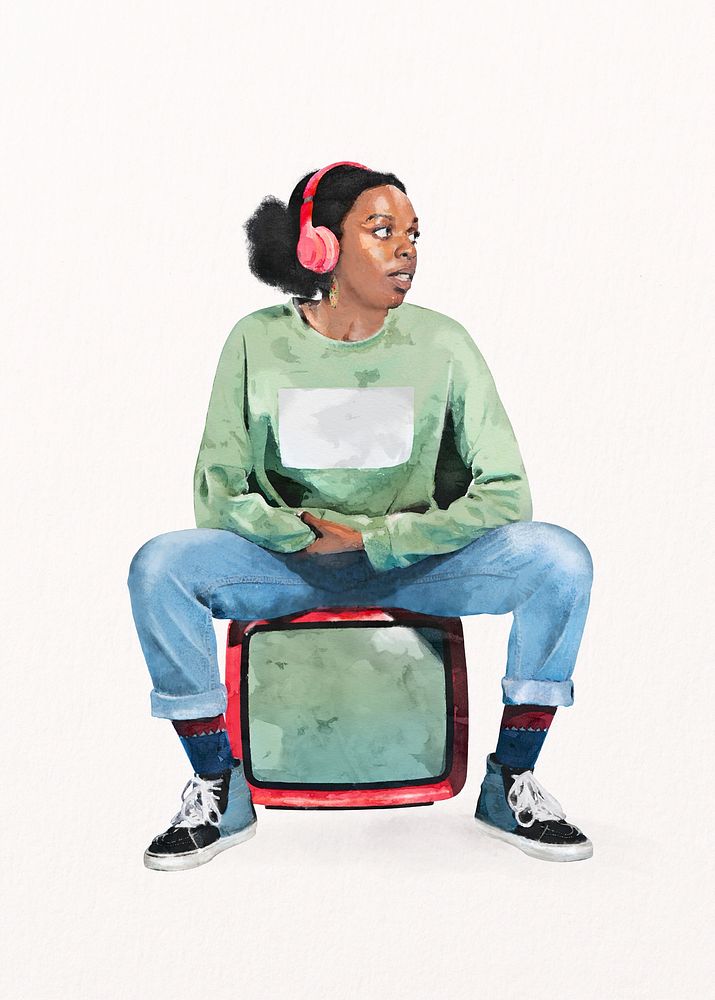 Black woman wearing headphones, watercolor illustration psd