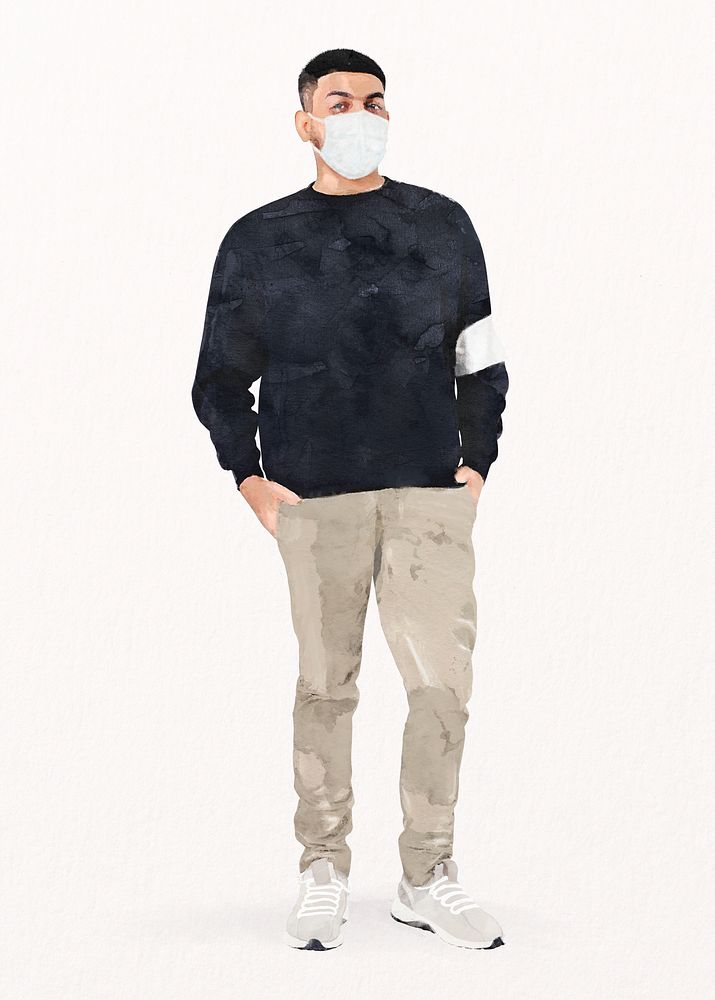 Man wearing mask, new normal fashion, watercolor illustration psd