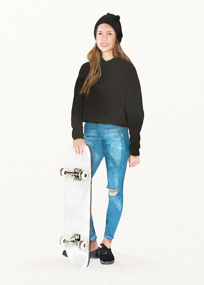 Skater girl, sport, hobby, watercolor illustration