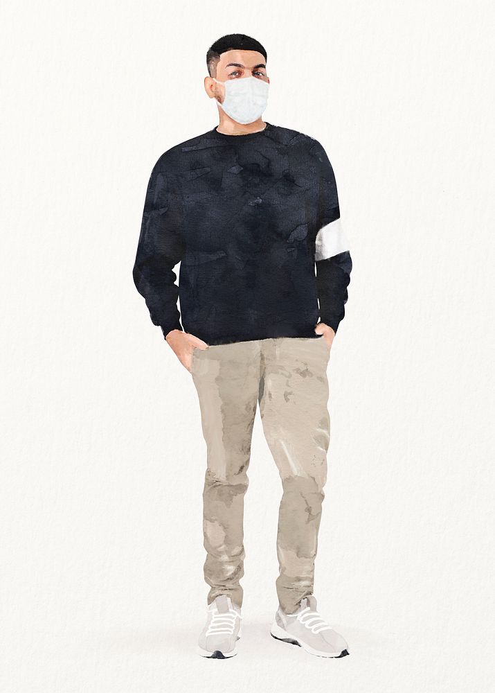 Man wearing mask, new normal fashion, watercolor illustration