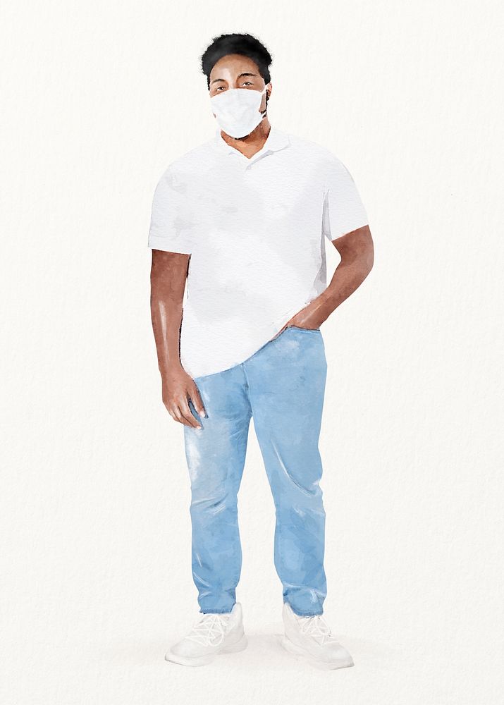 Black man wearing mask, new normal fashion, watercolor illustration