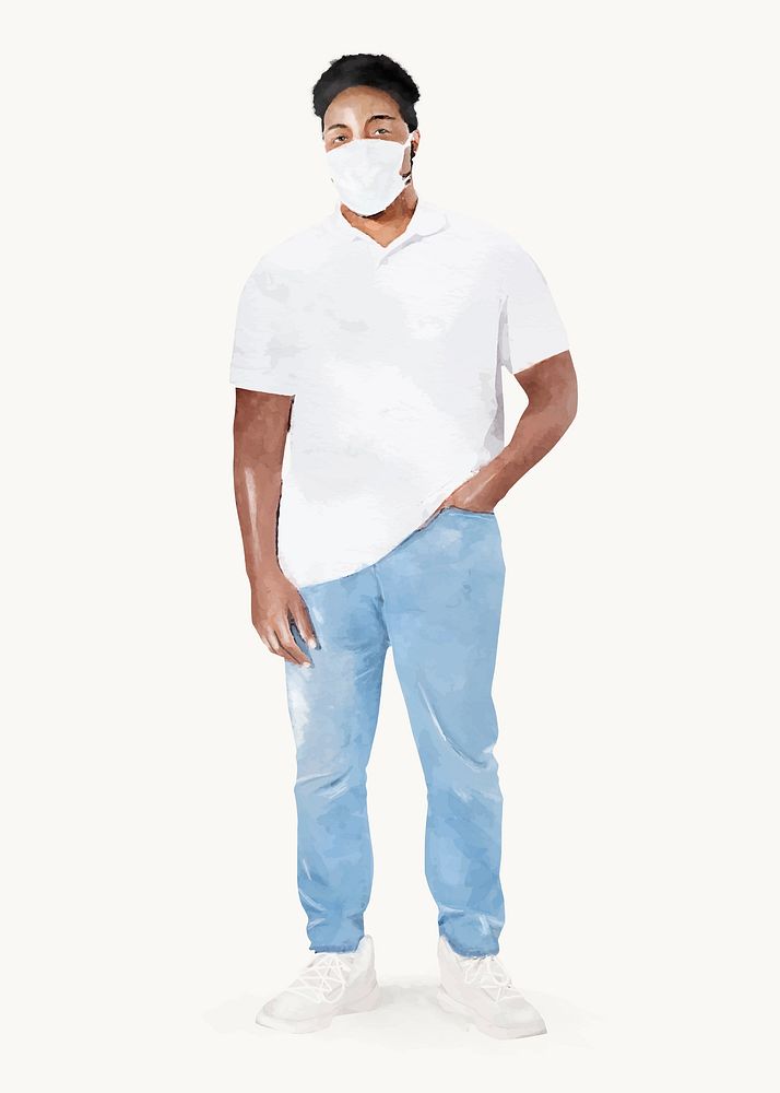 Black man wearing mask, new normal fashion, watercolor illustration vector