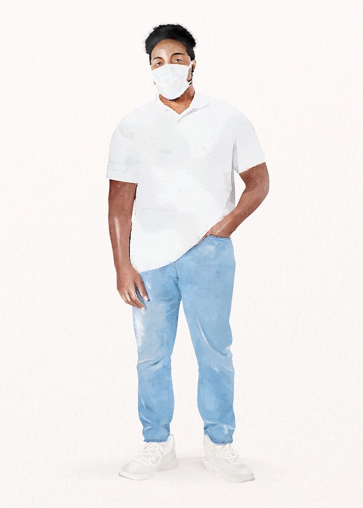 Black man wearing mask, new normal fashion, watercolor illustration psd