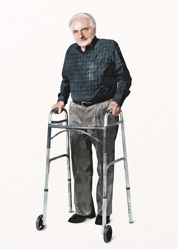 Senior man using zimmer frame, watercolor illustration psd
