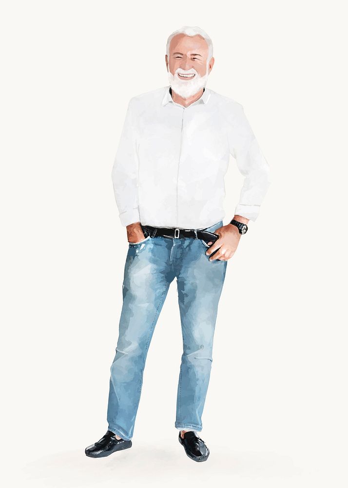 Happy senior man, casual fashion, full body watercolor illustration vector