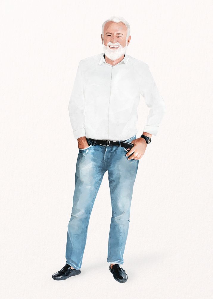 Happy senior man, casual fashion, full body watercolor illustration psd