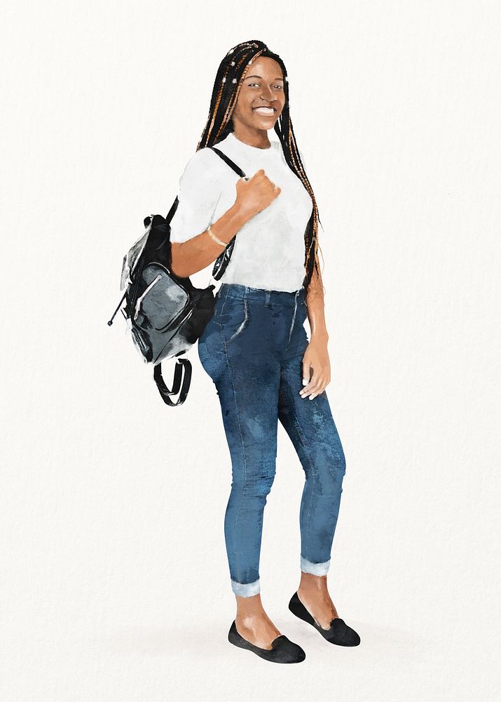Young woman smiling with backpack, student fashion, watercolor illustration