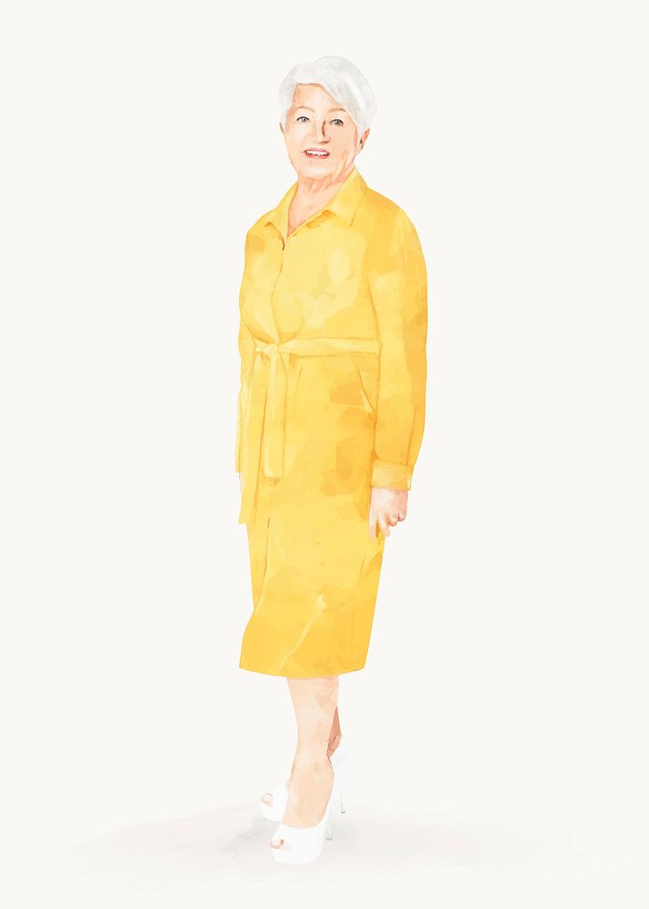 Senior woman in yellow dress, watercolor illustration, full body vector