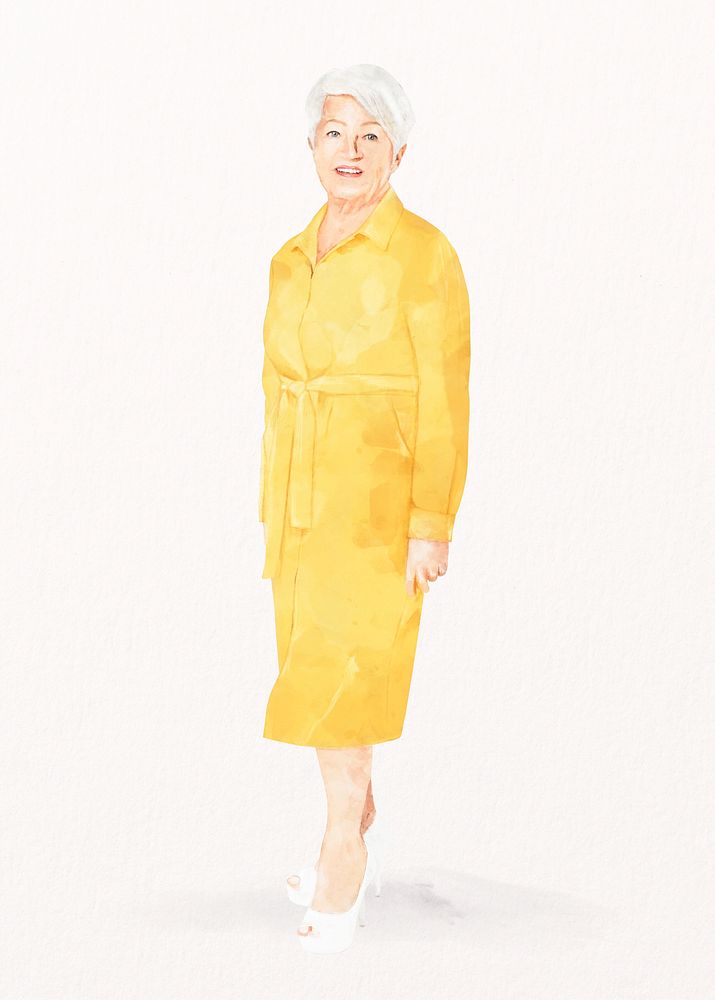 Senior woman in yellow dress, watercolor illustration, full body psd