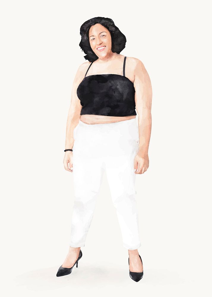 Confident woman, plus-size fashion, watercolor full body illustration vector