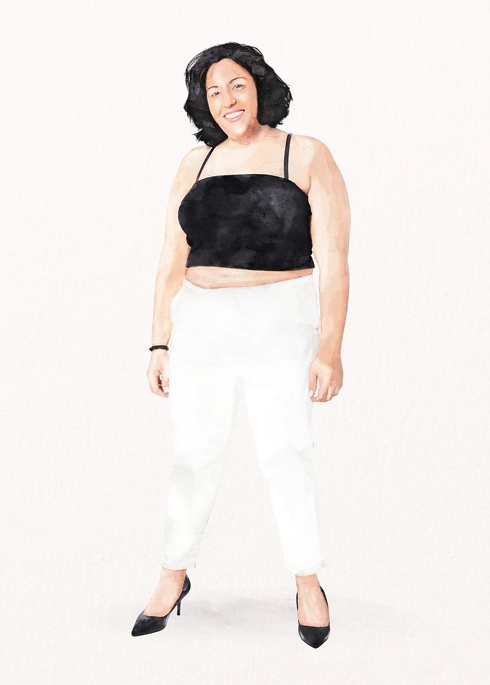 Confident woman, plus-size fashion, watercolor full body illustration psd