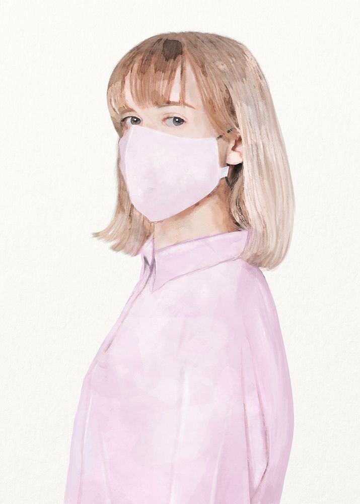 Blonde girl wearing face mask, Covid-19 protection, watercolor illustration