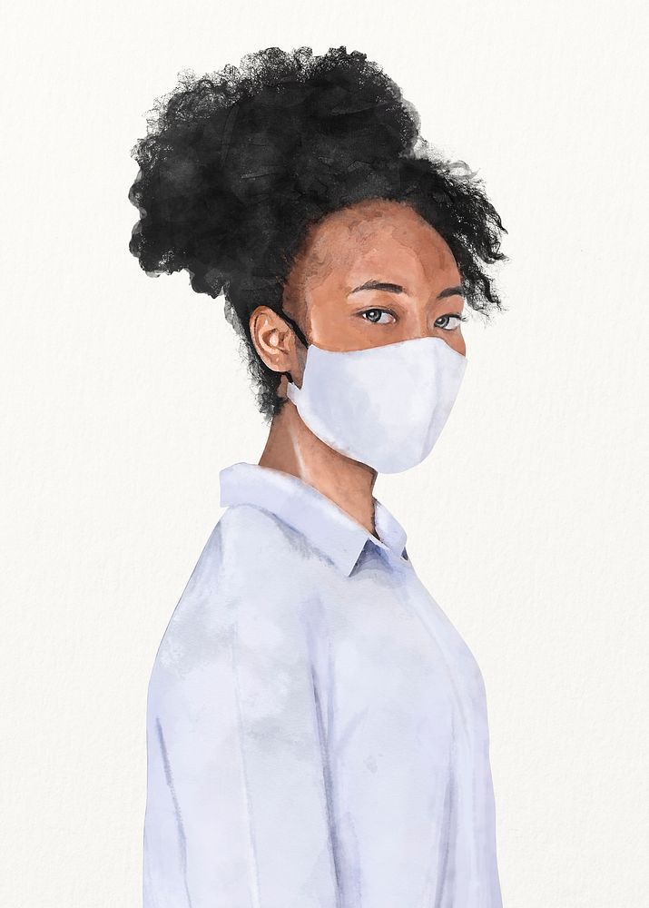 African-American girl wearing face mask, Covid-19 protection, watercolor illustration