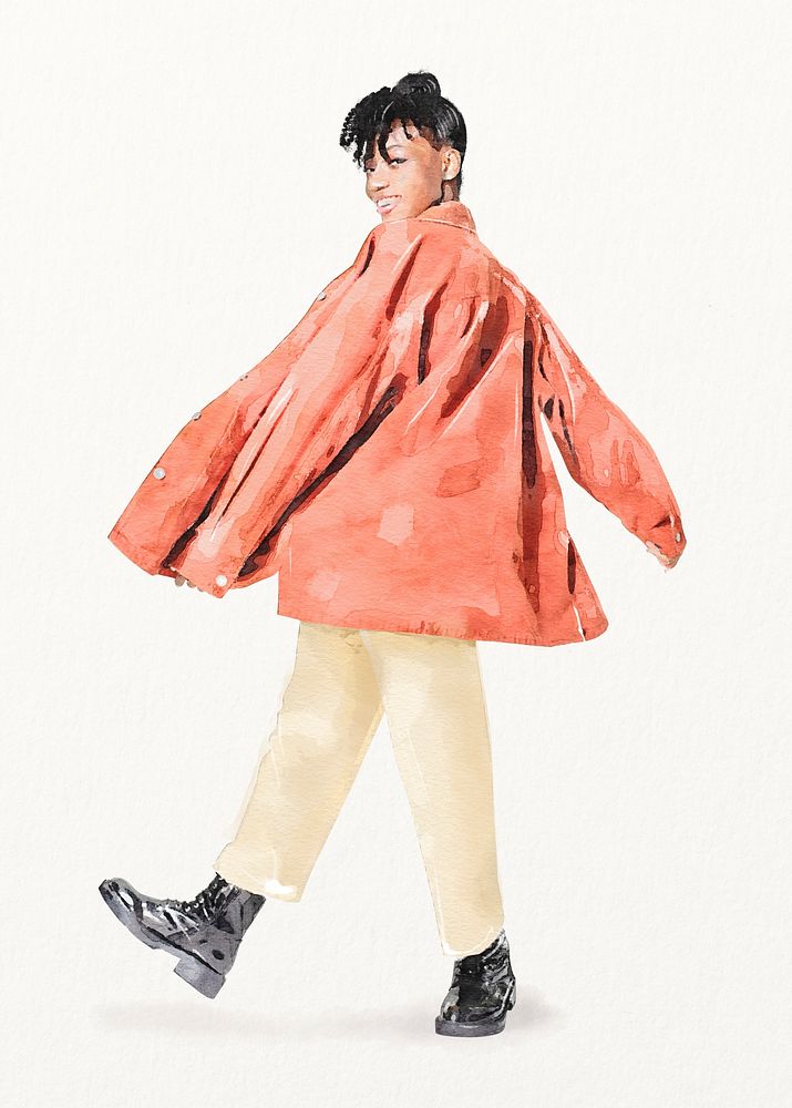 Happy woman wearing oversized jacket, watercolor illustration