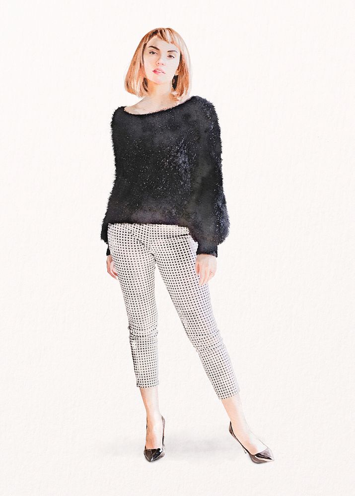 Confident blonde woman, winter fashion, watercolor full body illustration psd
