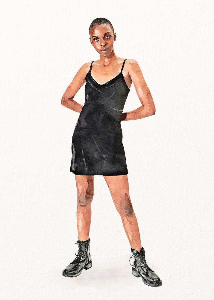 Black woman wearing dress, watercolor full body fashion illustration