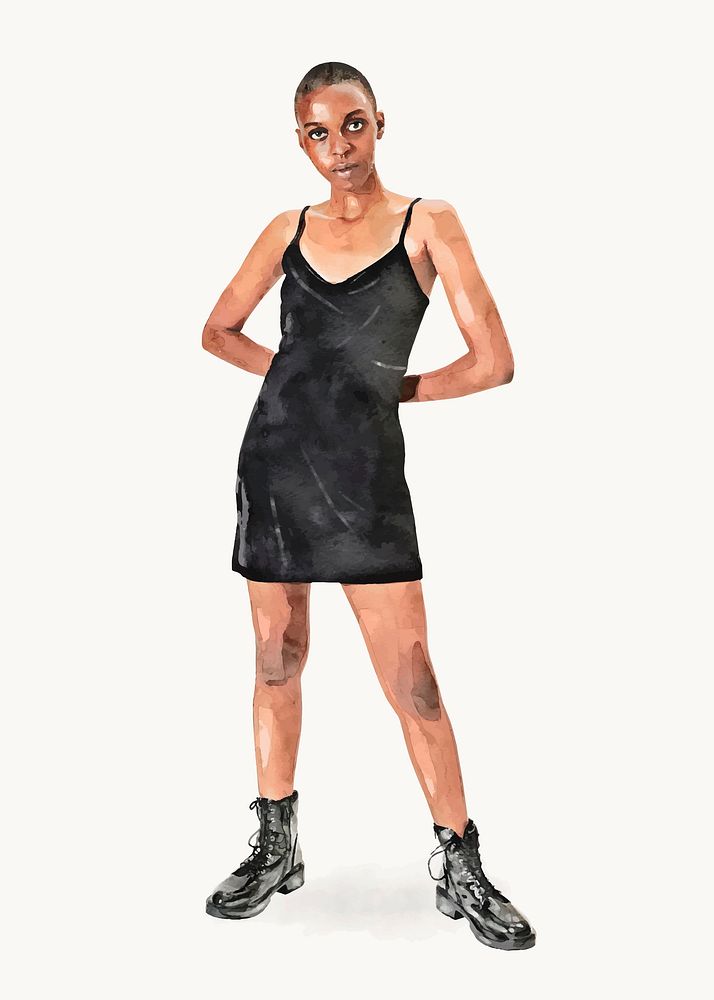 Black woman wearing dress, watercolor full body fashion illustration vector